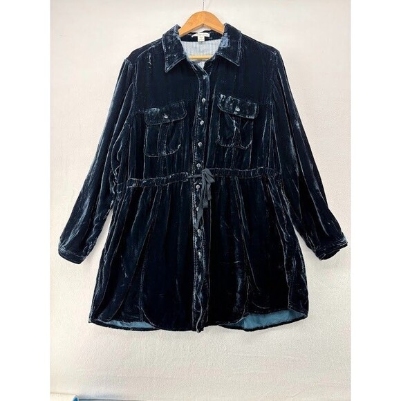 Coldwater Creek Tops - Coldwater Creek Size 2X Crushed Velvet Button Down Tunic with Pockets Navy Blue